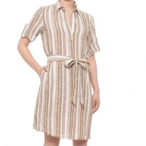 Anthropologie DREW Ollie Strip Linen Belted Roll‎ Tab Shirt Dress Size Medium